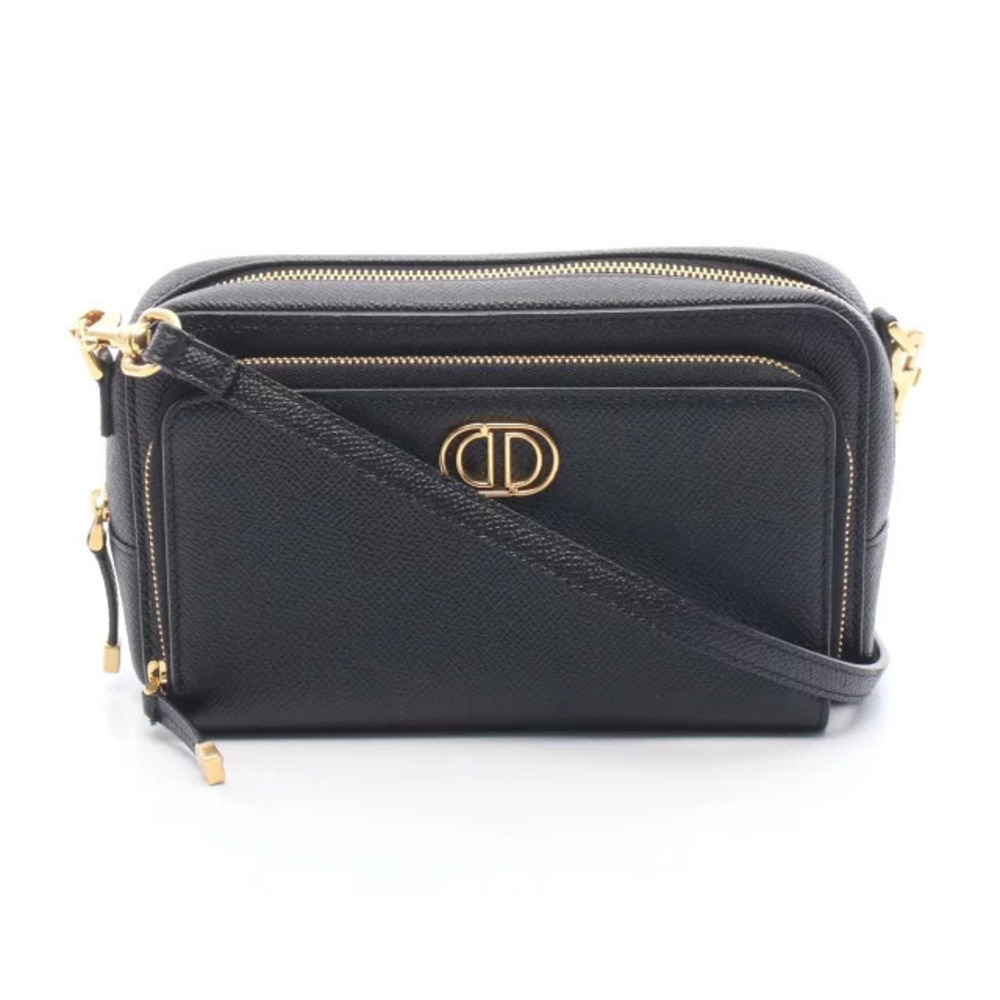Christian Dior Caro Double Pouch Clutch Shoulder Bag Leather Black